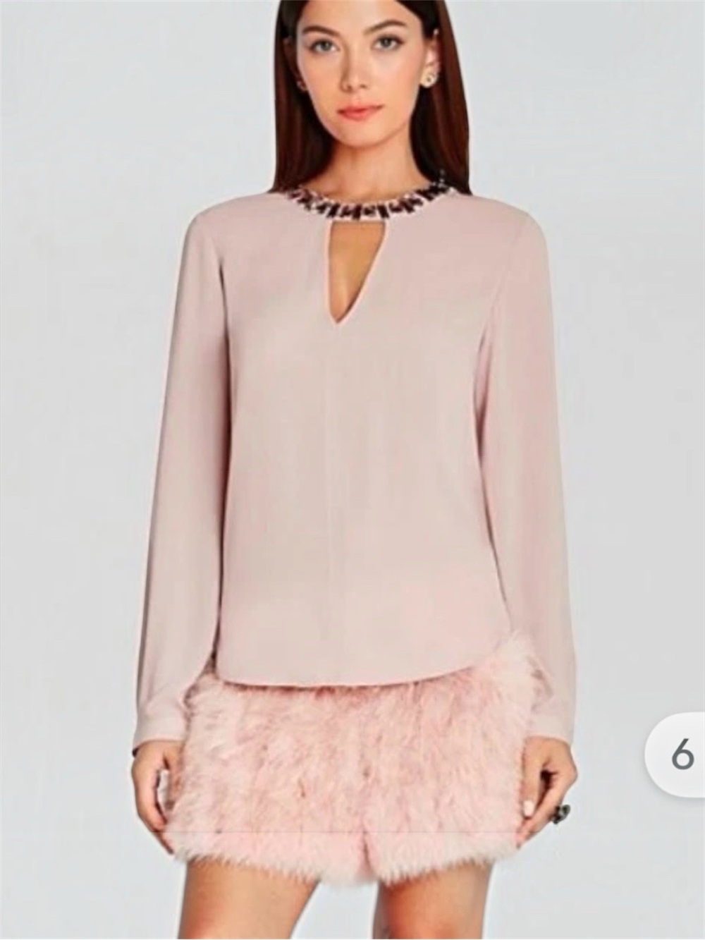 BCBGMaxAzria Mauve Rose Jeweled-Neck Keyhole Long-Sleeve Top M